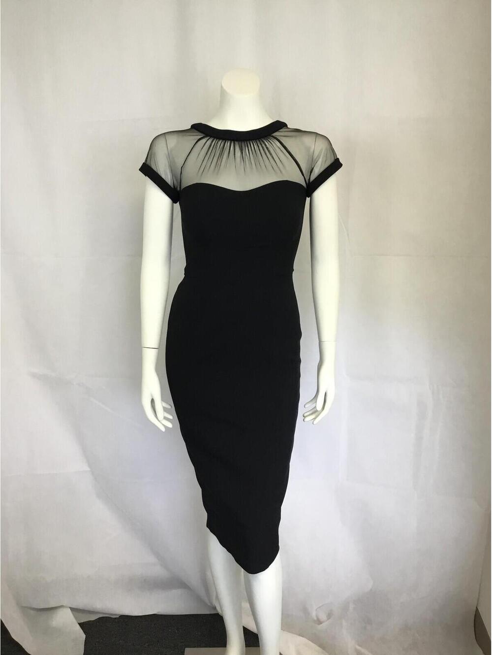 [369]Maggy London Dress Womens 2 Black Sheer Mesh Yoke Bodycon Midi Party